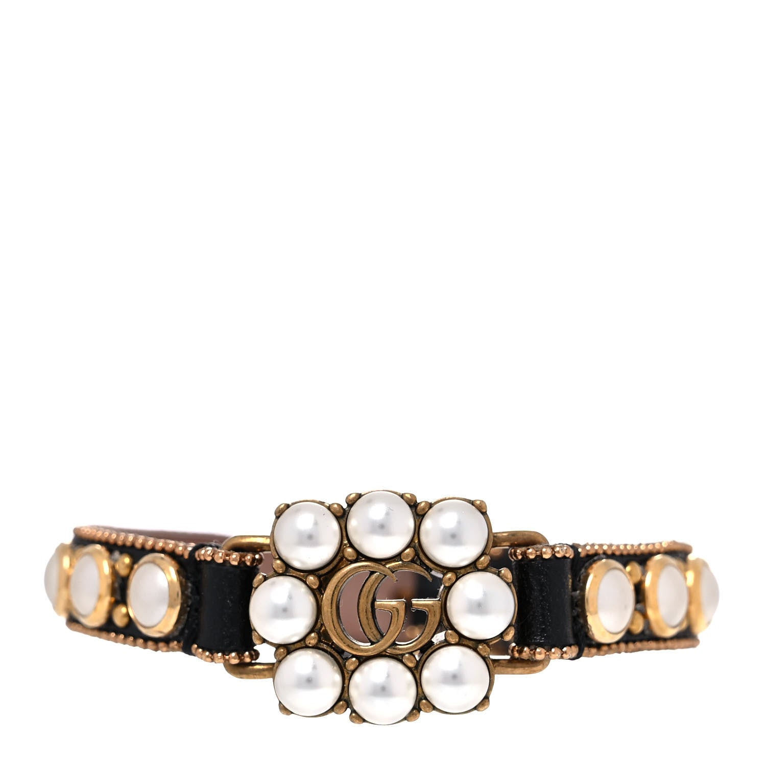 Gucci Metal Calfskin Crystal Double G Bracelet Black 1 of 6