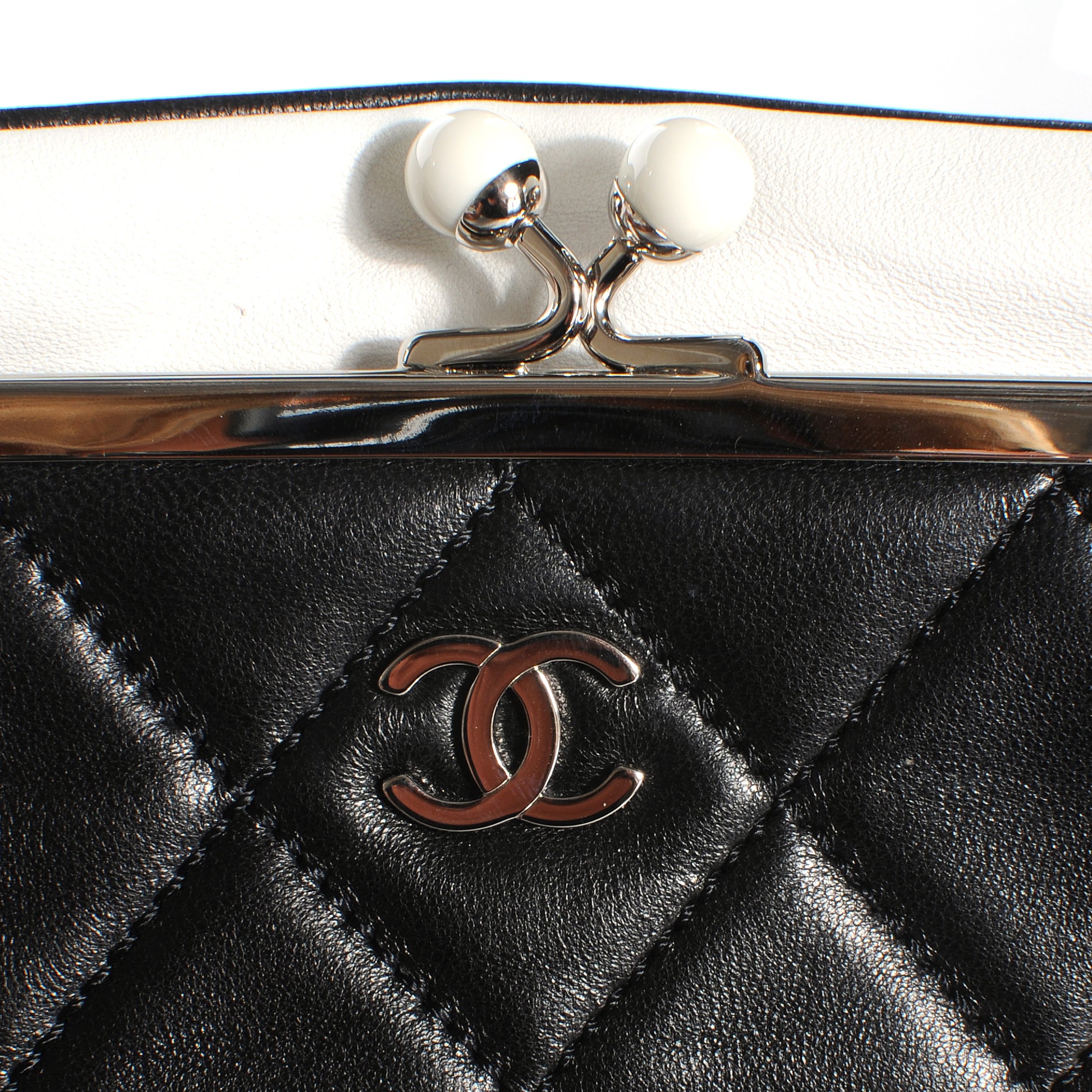 Chanel Lambskin Quilted Resin Pearl Clasp Clutch Black White 5 of 8