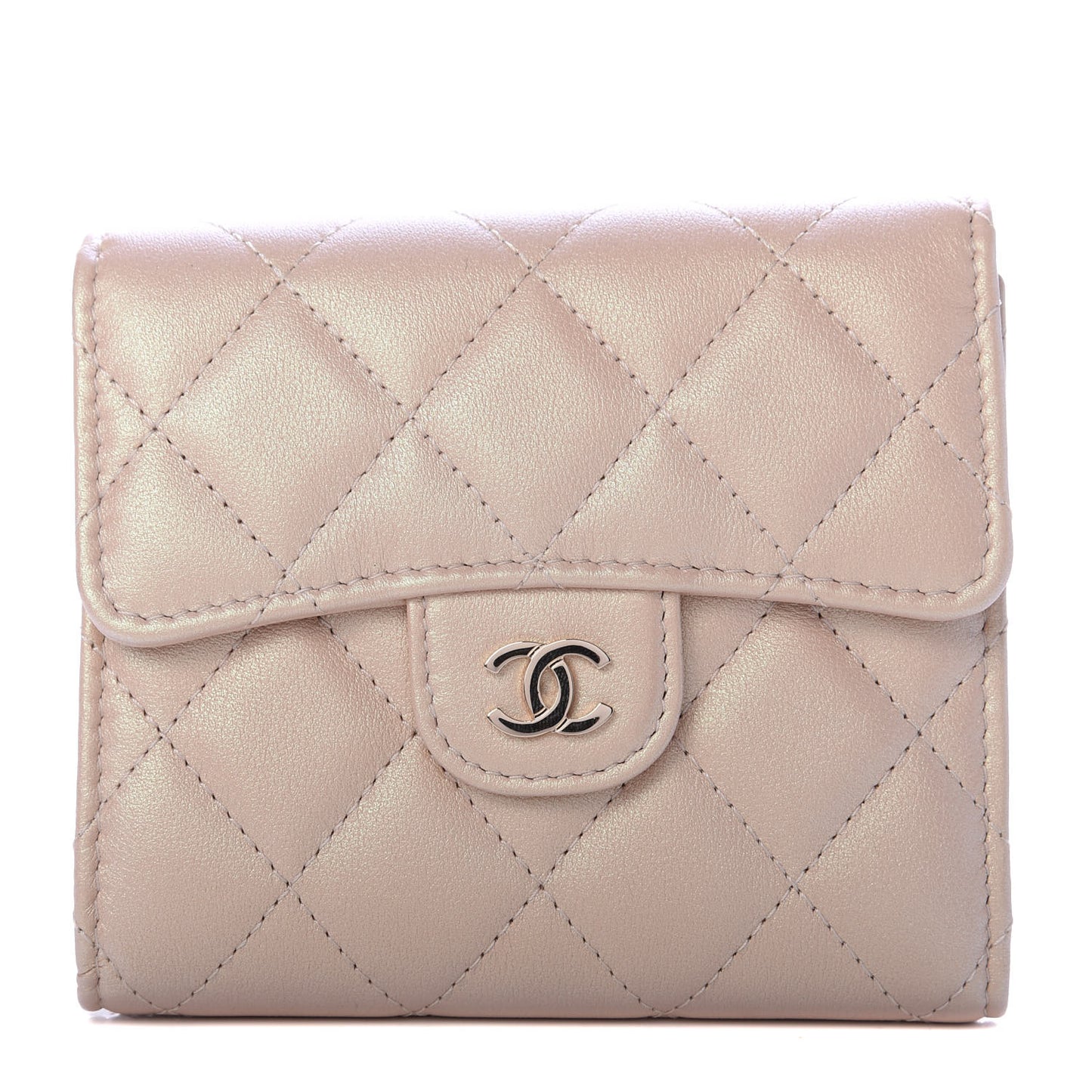 Iridescent Calfskin Quilted Compact Flap Wallet Beige