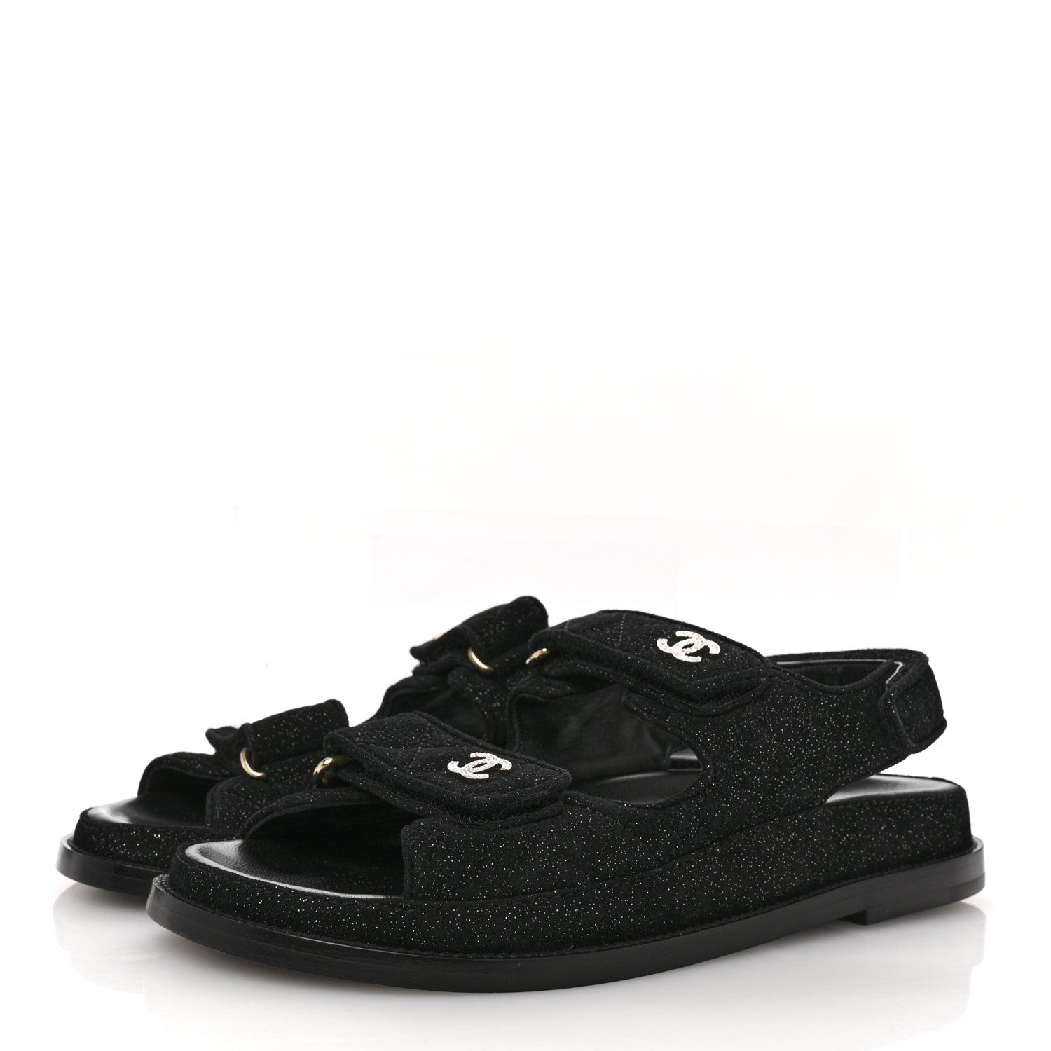 Chanel Suede Kidskin Glitter Crystal Velcro Dad Sandals 38 Black Silver 4 of 9