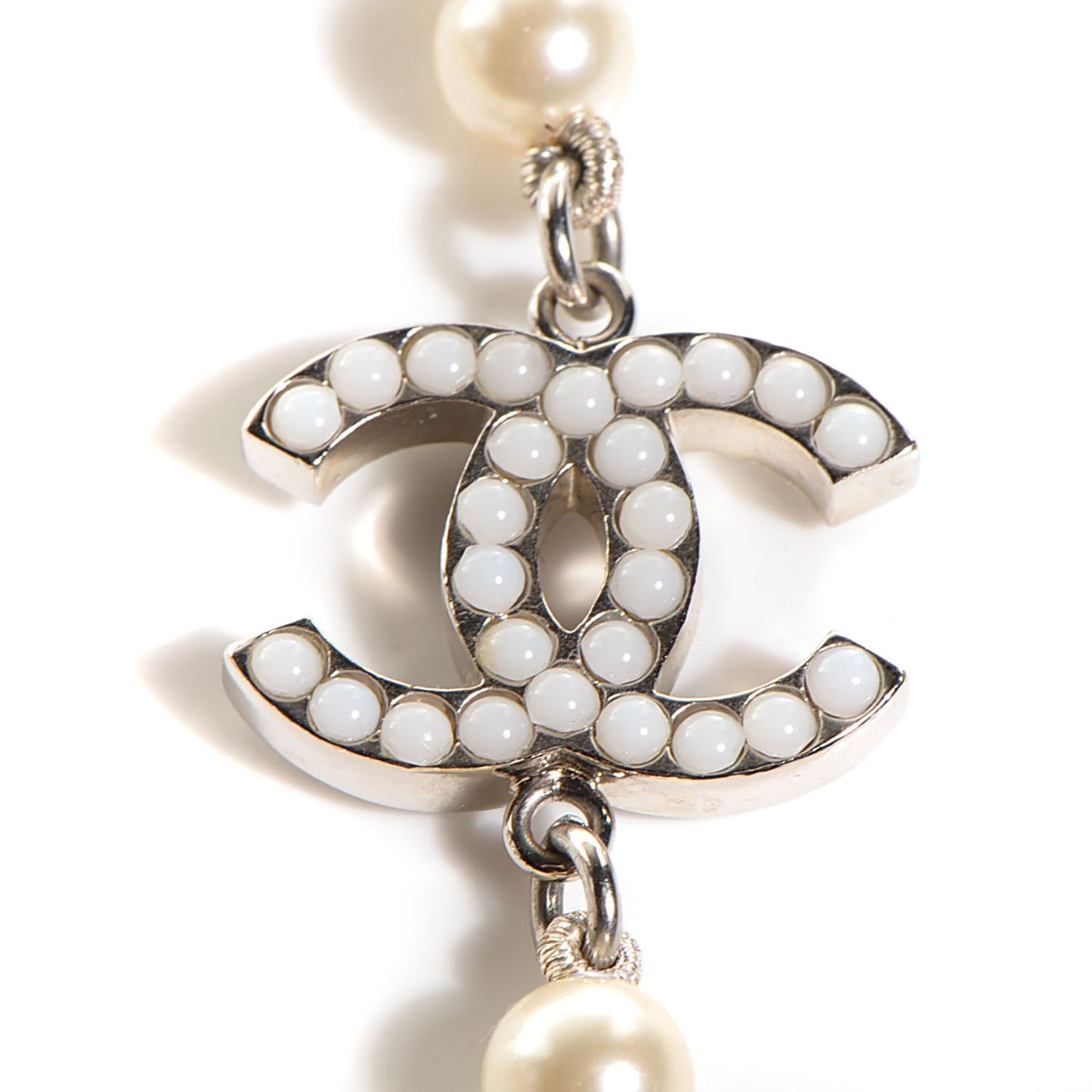 Graduated Pearl CC Long Necklace Silver