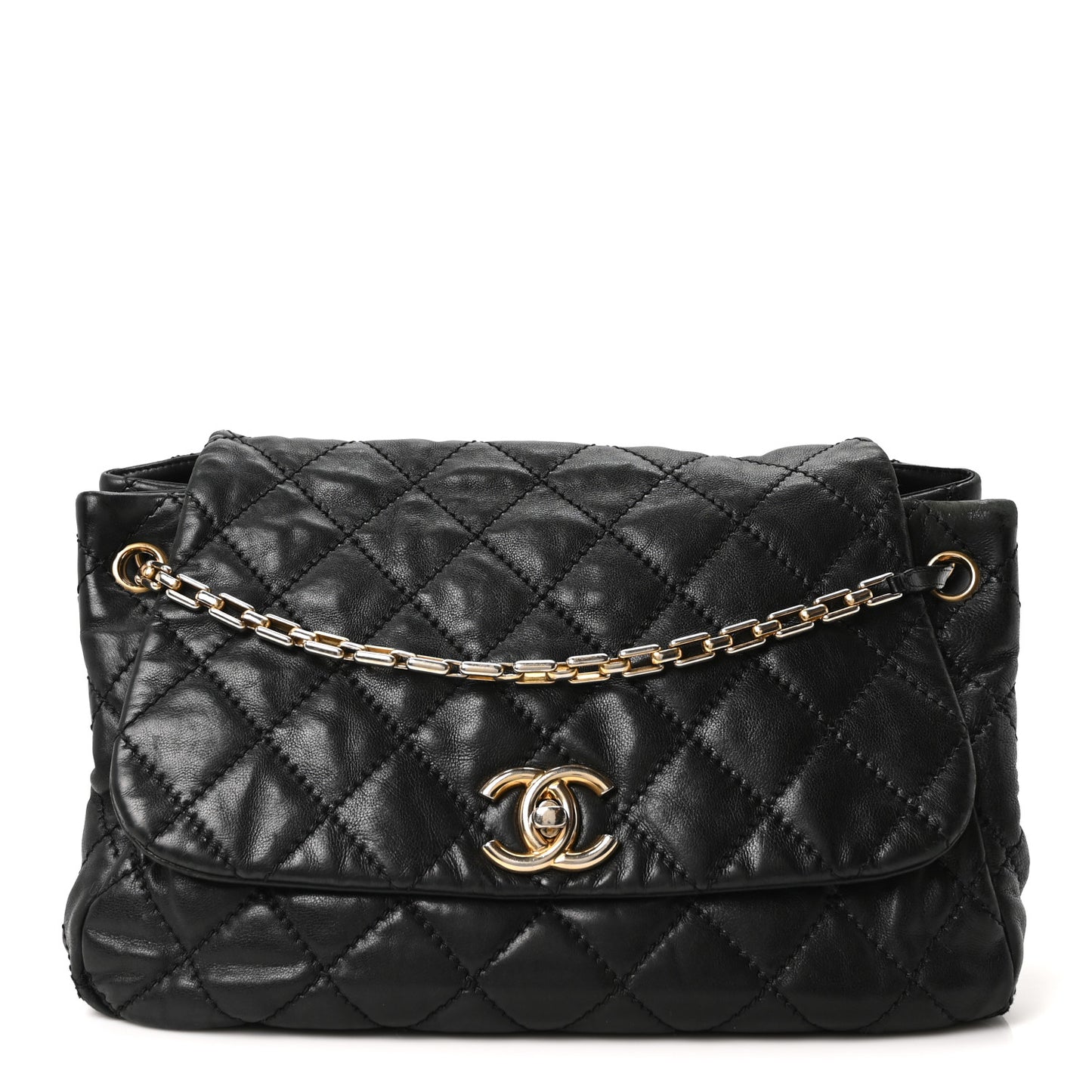 Aged Calfskin Quilted Accordion Flap Black