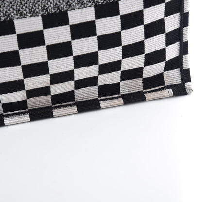Christian Dior Canvas Embroidered Checkered Book Tote Black White 10 of 11
