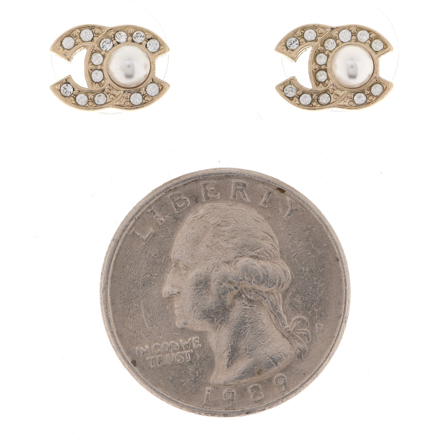 Chanel Metal Crystal Pearl CC Stud Earrings Gold 2 of 5