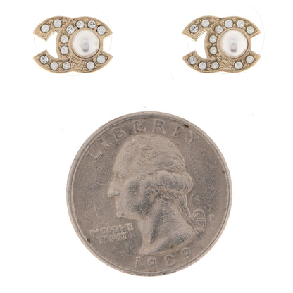 Chanel Metal Crystal Pearl CC Stud Earrings Gold 2 of 5
