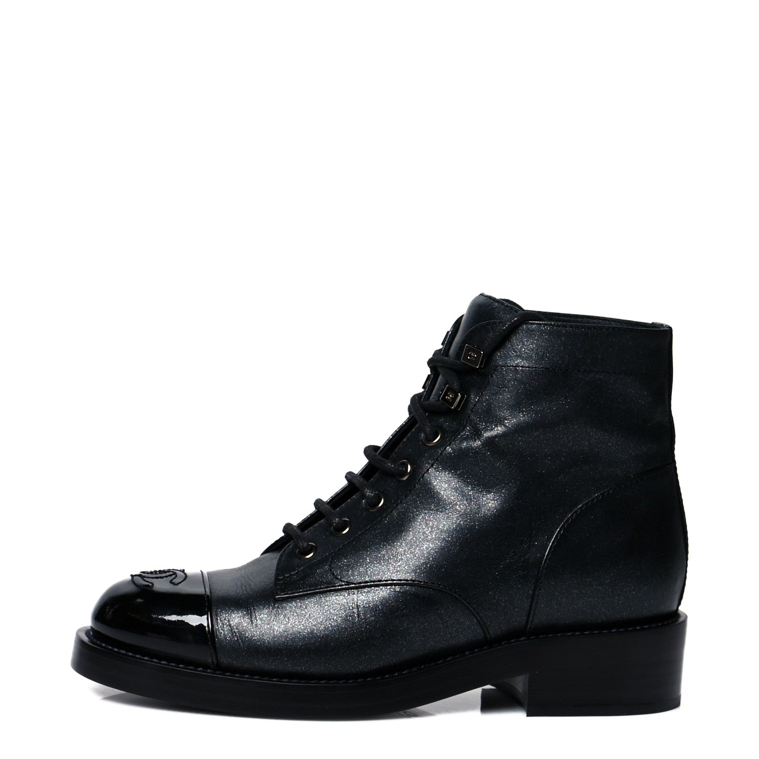 Chanel Iridescent Calfskin Patent Cap Toe Combat Boots 36 Black 1 of 6