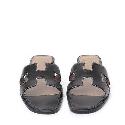 Hermes Box Calfskin Oran Sandals 38.5 Black 3 of 9