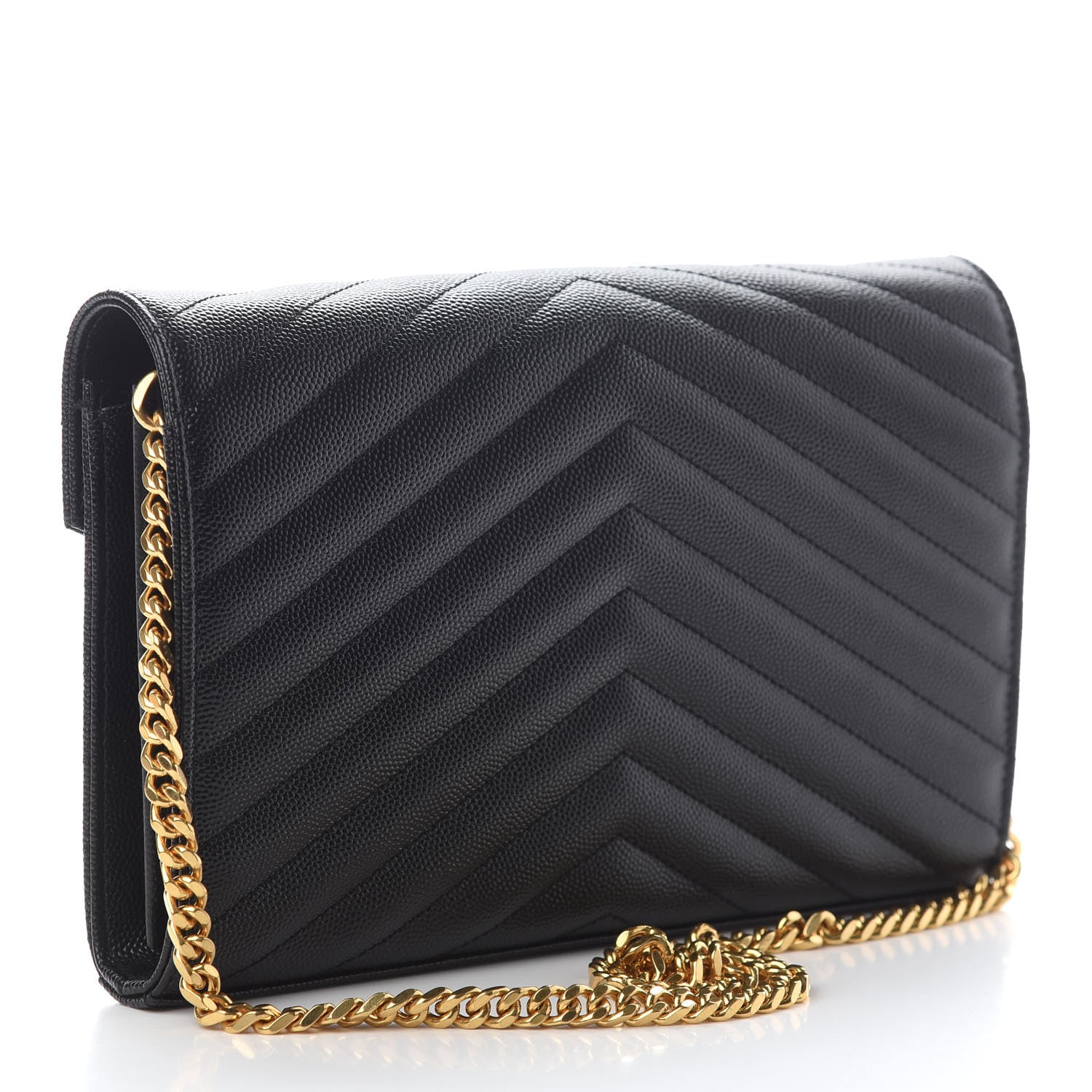 Saint Laurent Grain De Poudre Matelasse Chevron Monogram Chain Wallet Black 3 of 9
