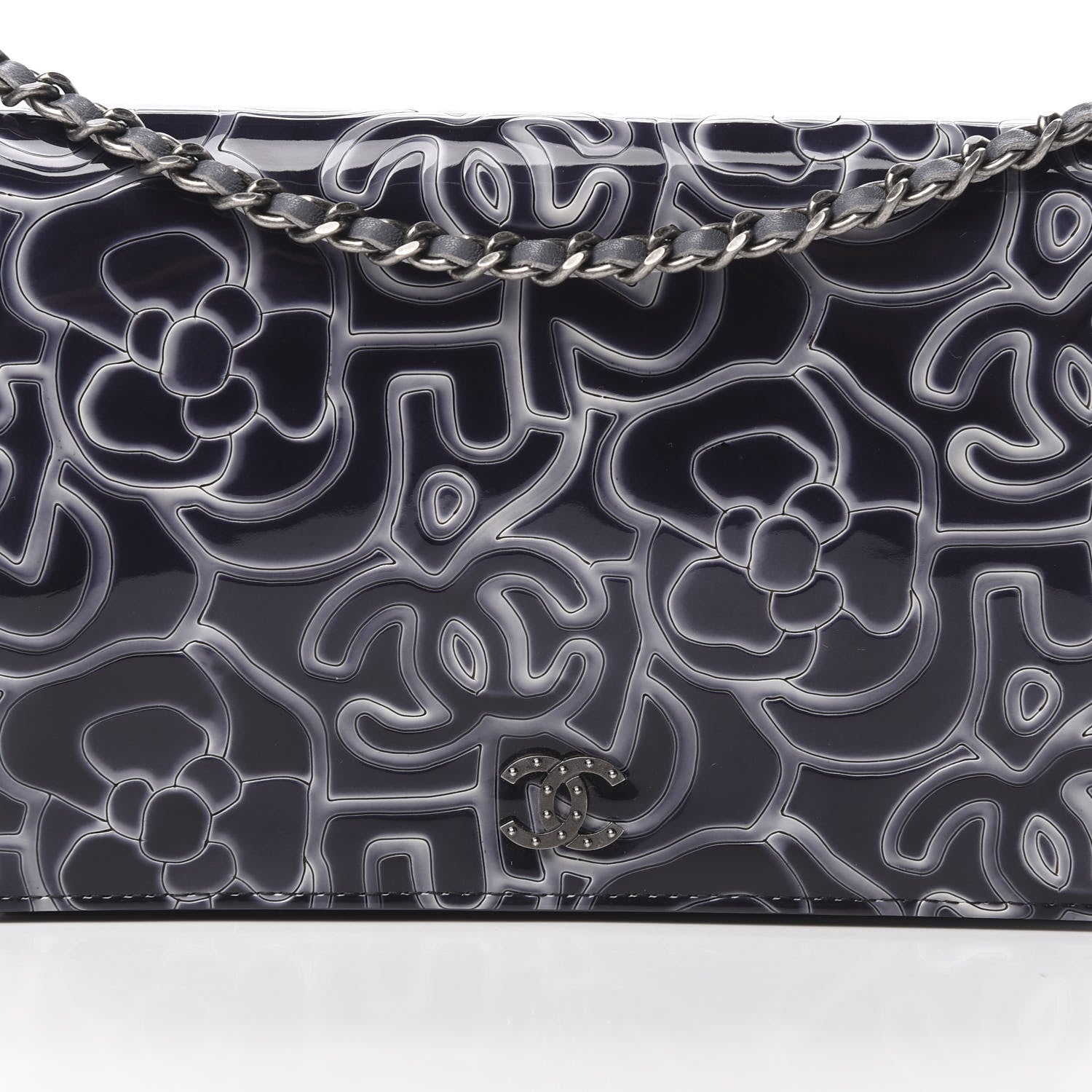 Chanel Patent Camellia Embossed Wallet on Chain WOC Dark Blue 9 of 14
