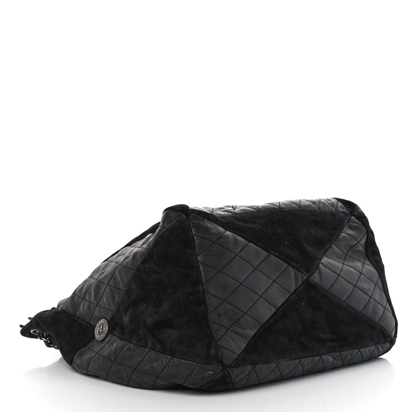 Goatskin Suede Calfskin Quilted Patchwork Drawstring Bag Black