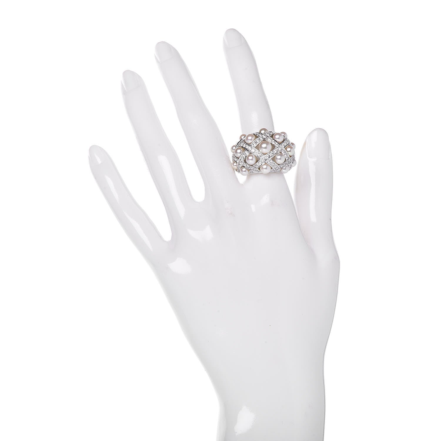Chanel 18K White Gold Diamond Akoya Pearl Baroque Matelasse Ring 51 5.75 2 of 5