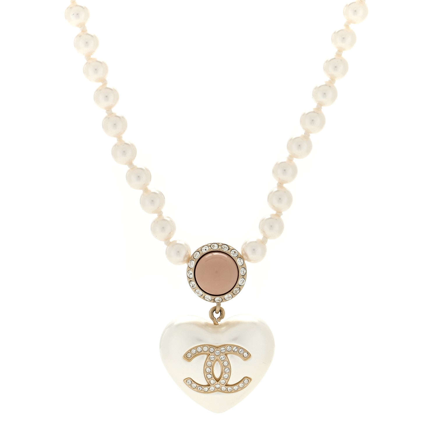 Chanel Pearl Crystal CC Heart Short Necklace Gold Pearly White Pink 1 of 5