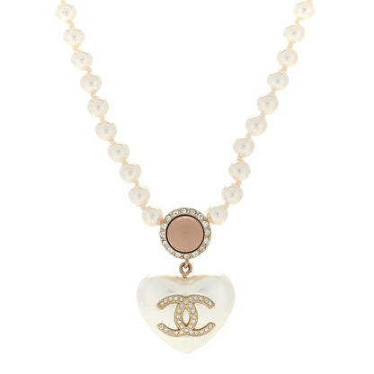 Chanel Pearl Crystal CC Heart Short Necklace Gold Pearly White Pink 1 of 5