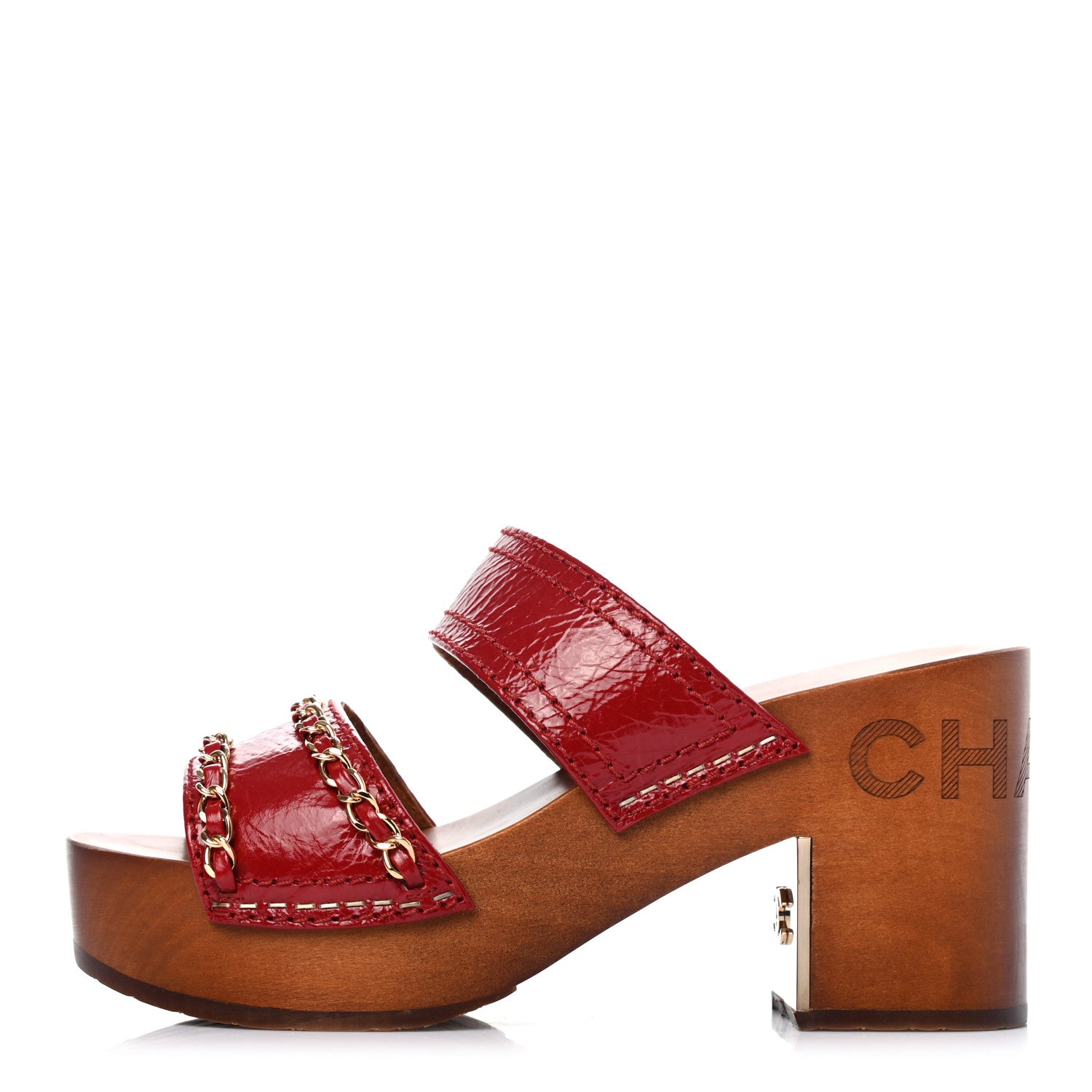 Chanel Shiny Crumpled Calfskin Chain Platform Mules 36 Red 1 of 8