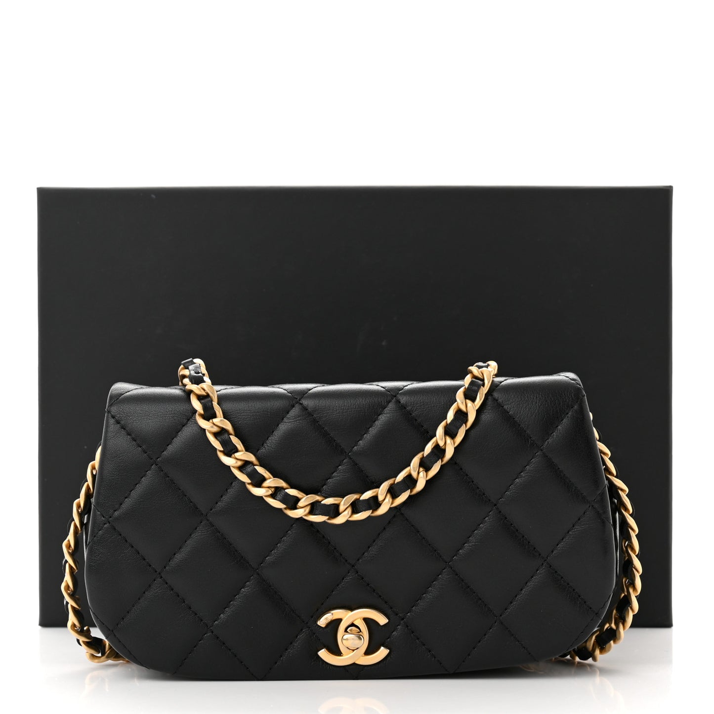 Calfskin Quilted Coco Mail Clutch With Chain Black