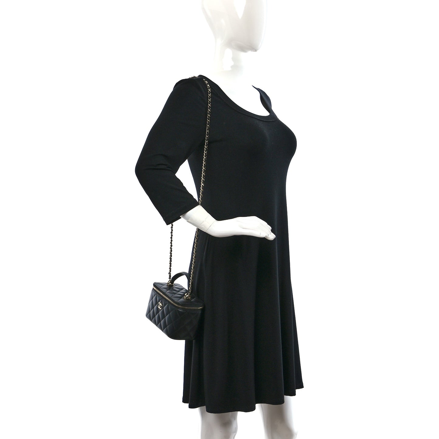 Lambskin Quilted Small Top Handle Vanity Case With Chain Black
