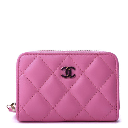 Chanel Lambskin Quilted Zip Around Coin Purse Wallet Pink Yellow 1 of 8