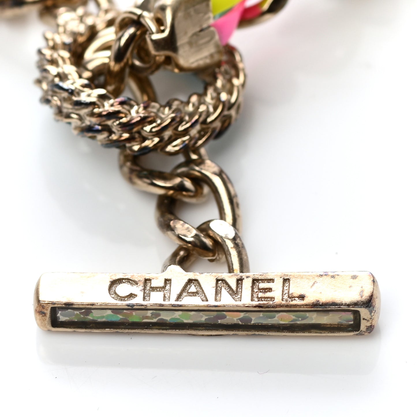 Crystal Enamel Pearl CC Logo Chain Long Necklace Gold Multicolor