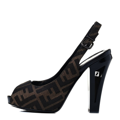 Fendi Jacquard Calfskin FF Open Toe Platform Slingback Pumps 36.5 Tobacco 1 of 8