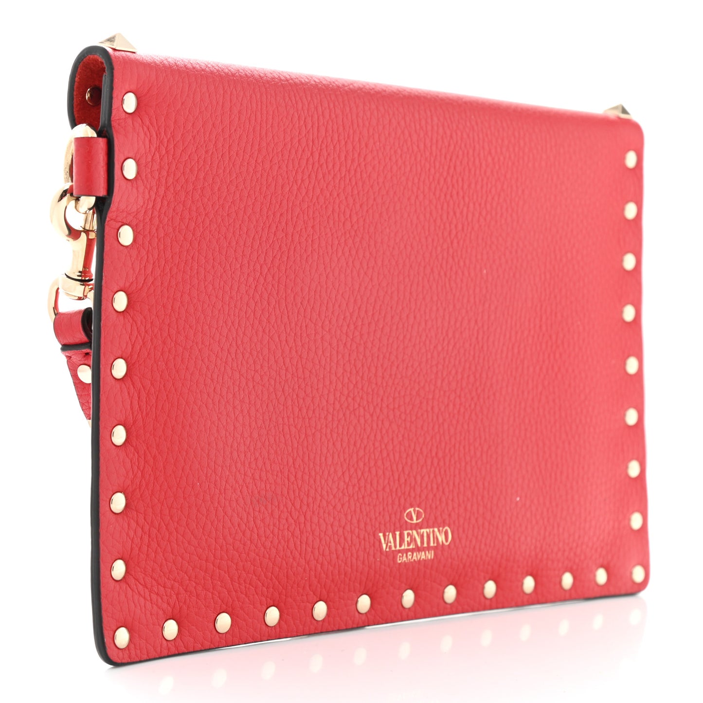 Pebbled Calfskin Medium Rockstud Envelope Flat Wristlet Pouch Rouge Pur