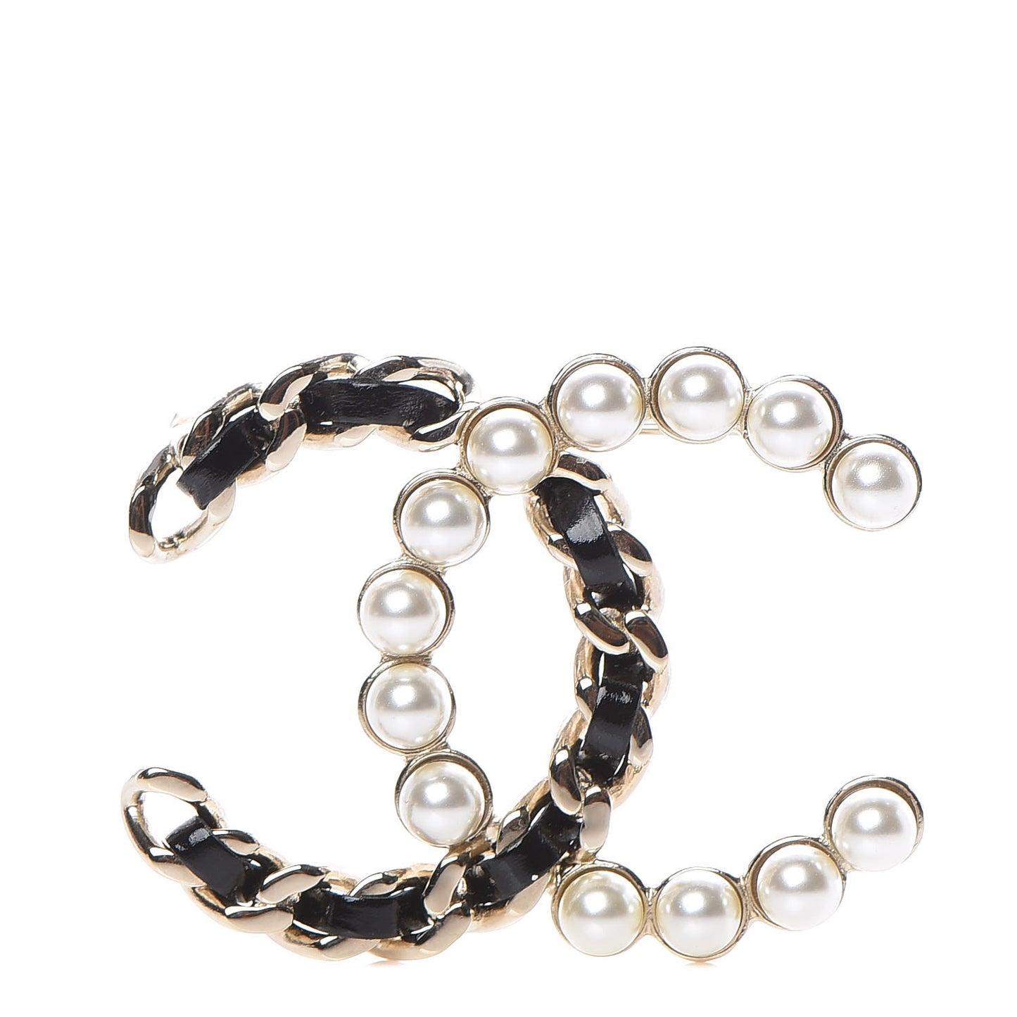 Lambskin Pearl CC Chain Brooch Black Gold