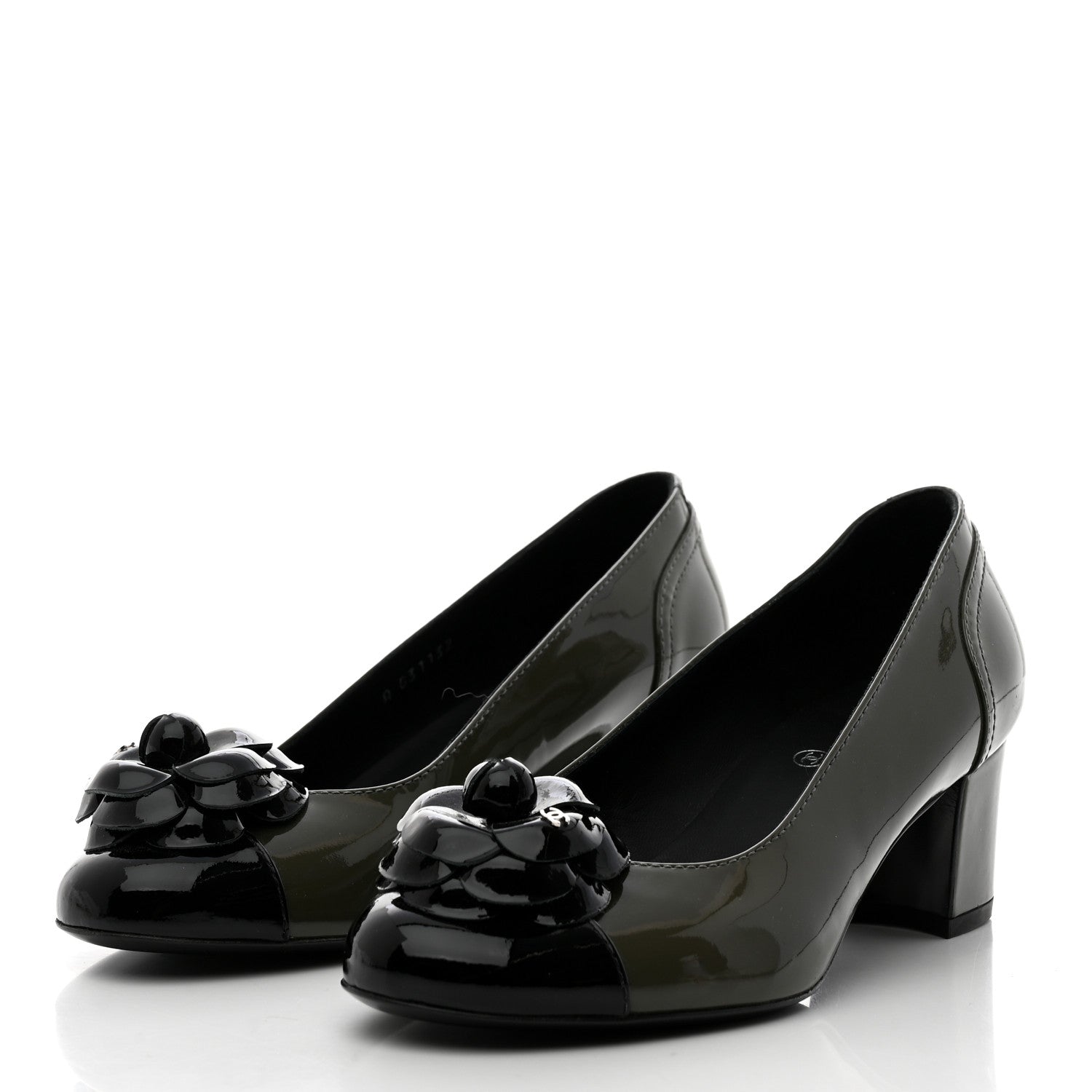 Chanel Patent Calfskin Camellia CC Cap Toe Pumps 36.5 Green Black 5 of 16