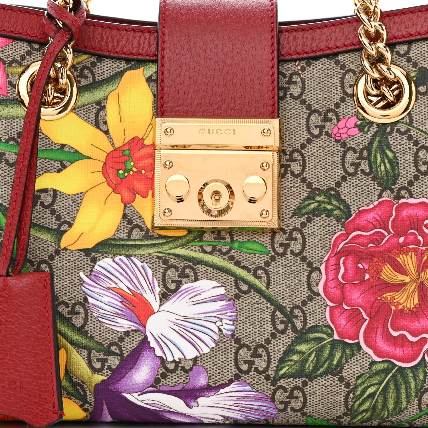 Gucci GG Supreme Monogram Flora Textured Calfskin Small Padlock Tote Red 8 of 10