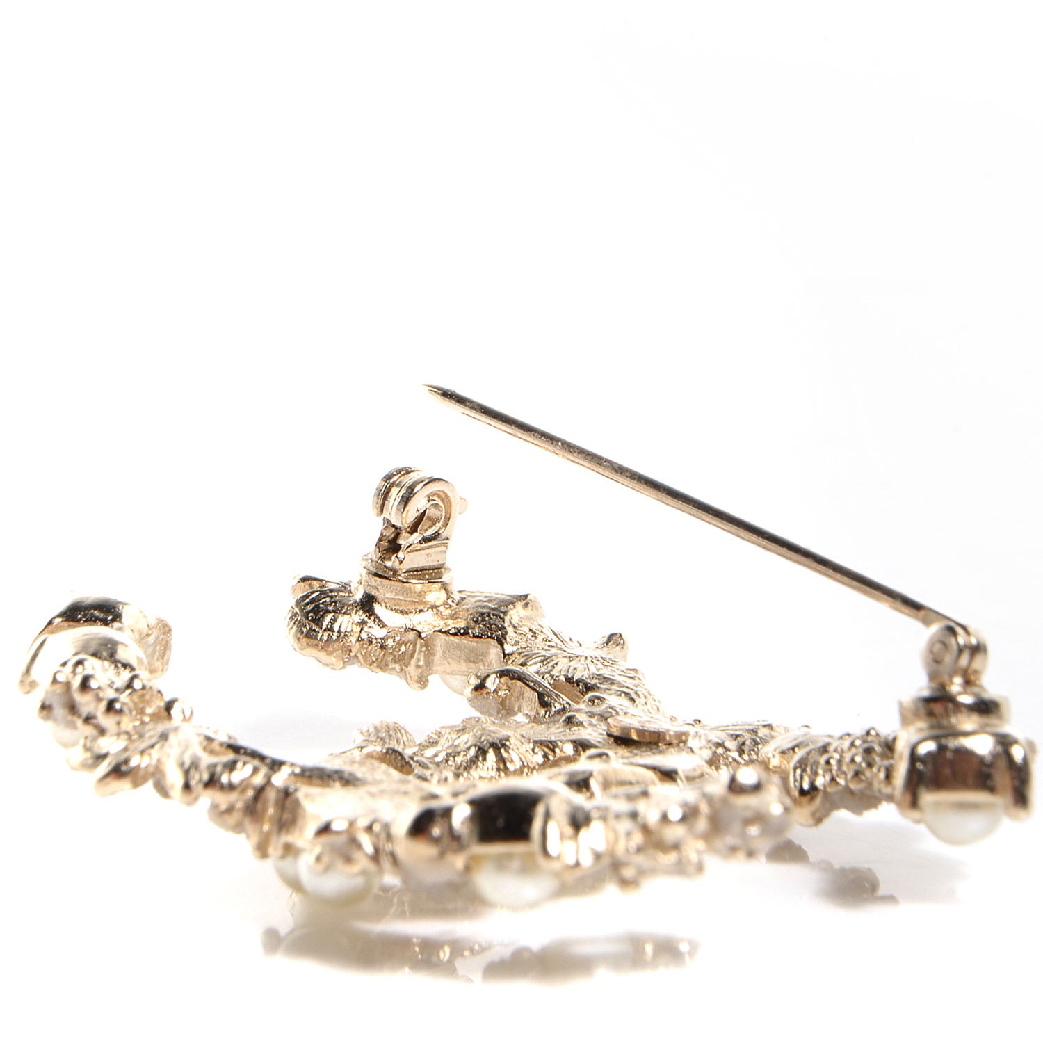 Chanel Pearl Crystal CC Flower Brooch White Nacre Gold 3 of 5