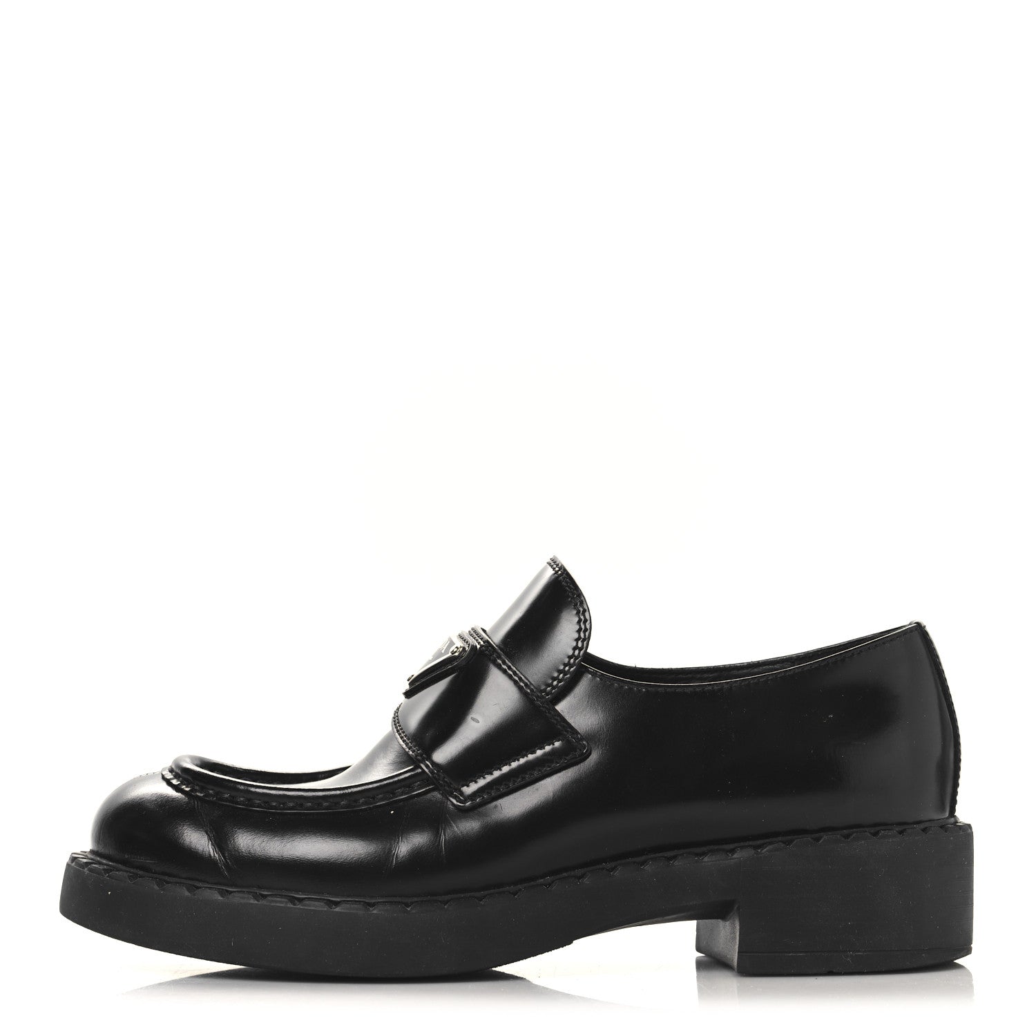 Prada Spazzolato Metal Triangle Logo Pointy 50mm Loafers 37.5 Black 1 of 10