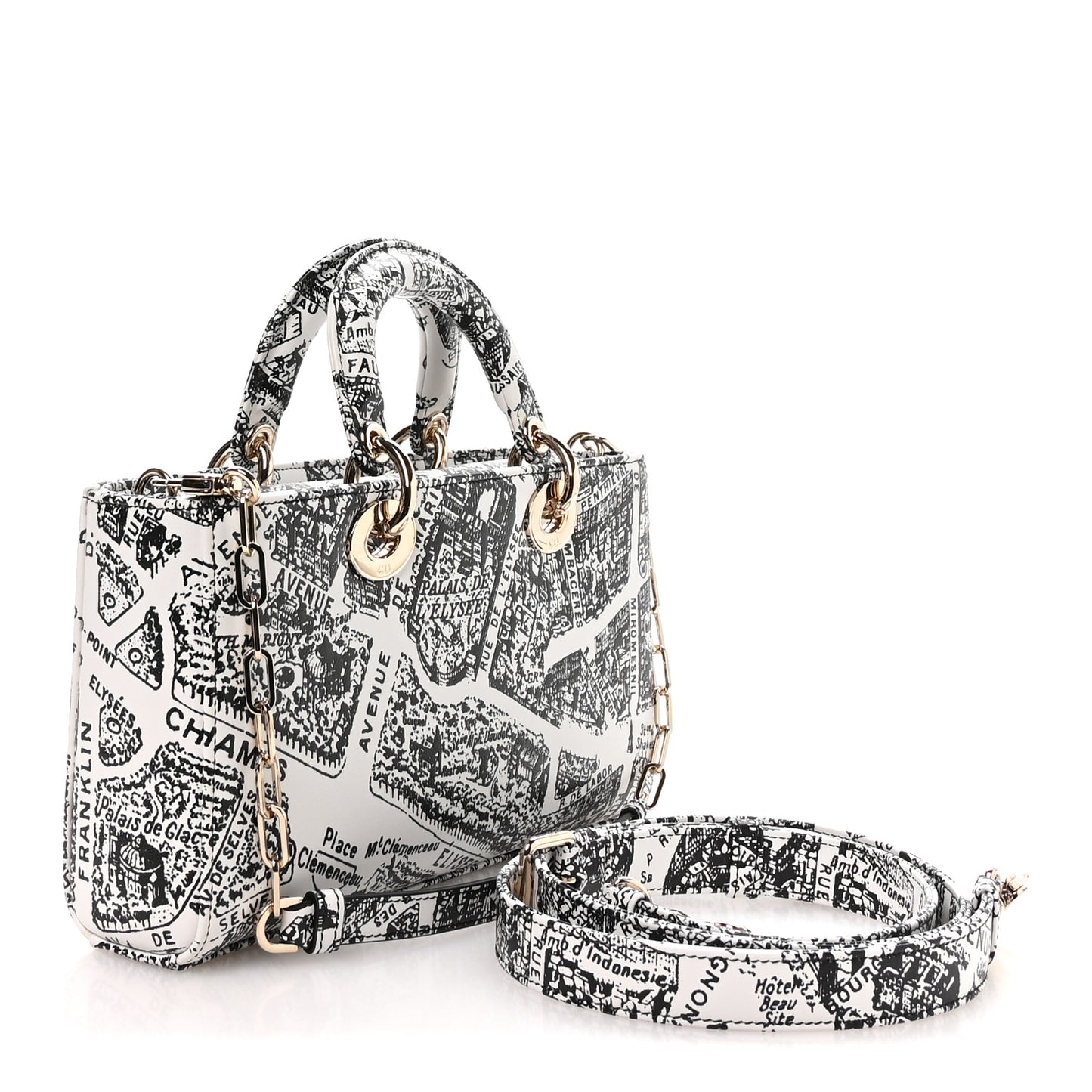 Calfskin Plan De Paris Printed Medium Lady D-Joy White Black