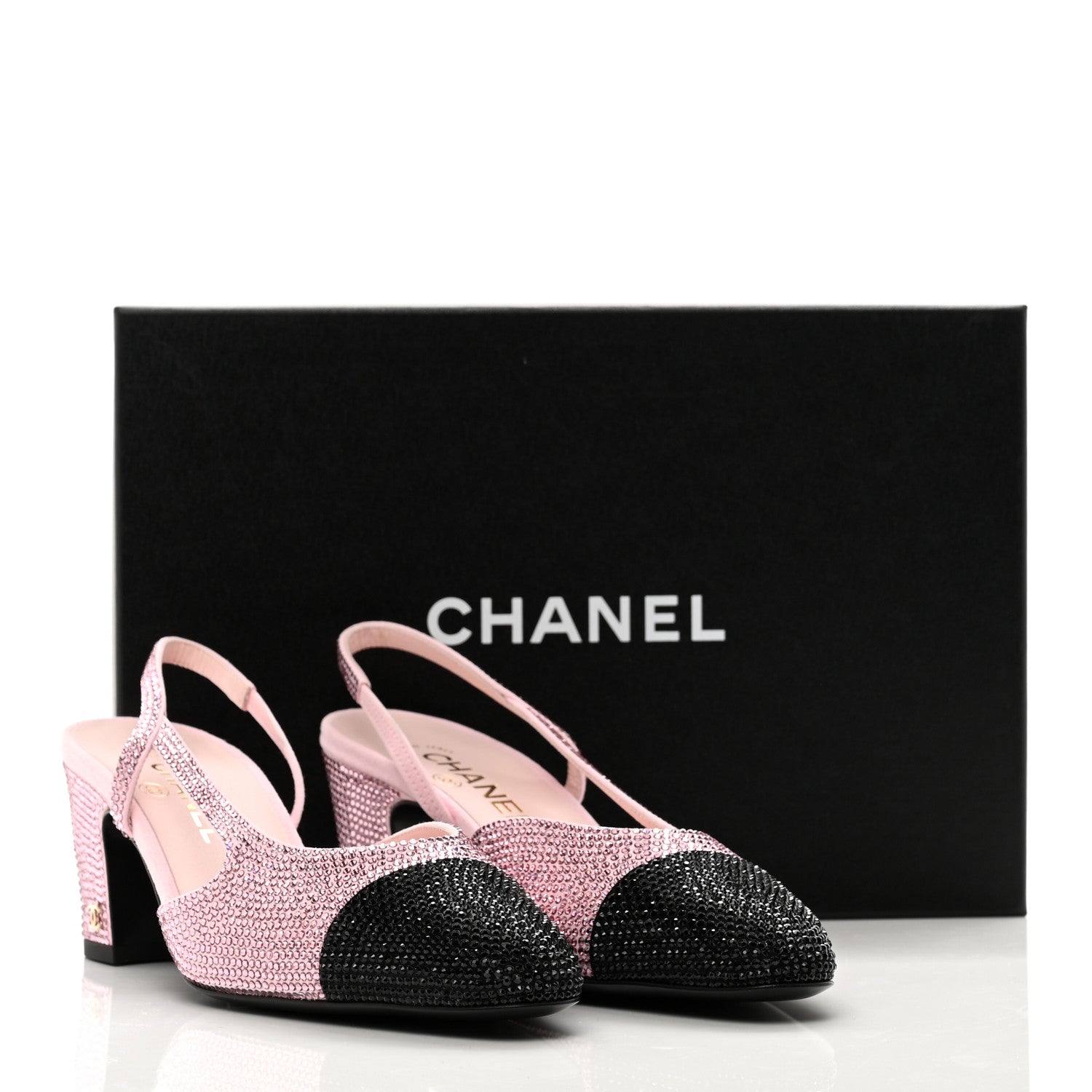 Chanel Strass Cap Toe CC Slingback Pumps 39.5 Pink Black 1447962