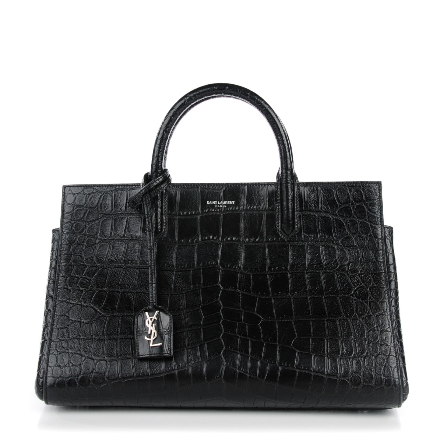 Calfskin Crocodile Embossed Small Cabas Rive Gauche Black