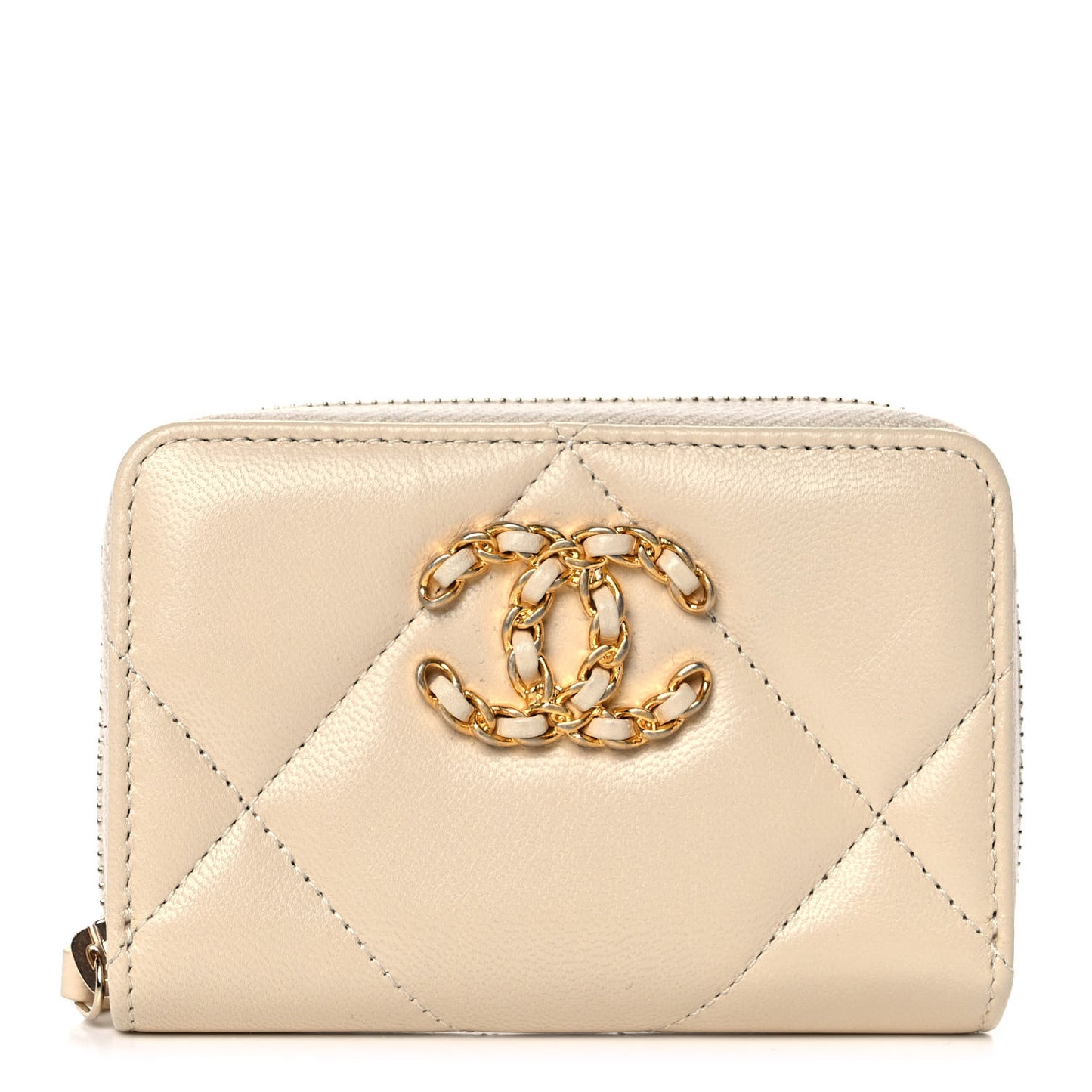 Goatskin Quilted Chanel 19 Zip Around Coin Purse Wallet Beige
