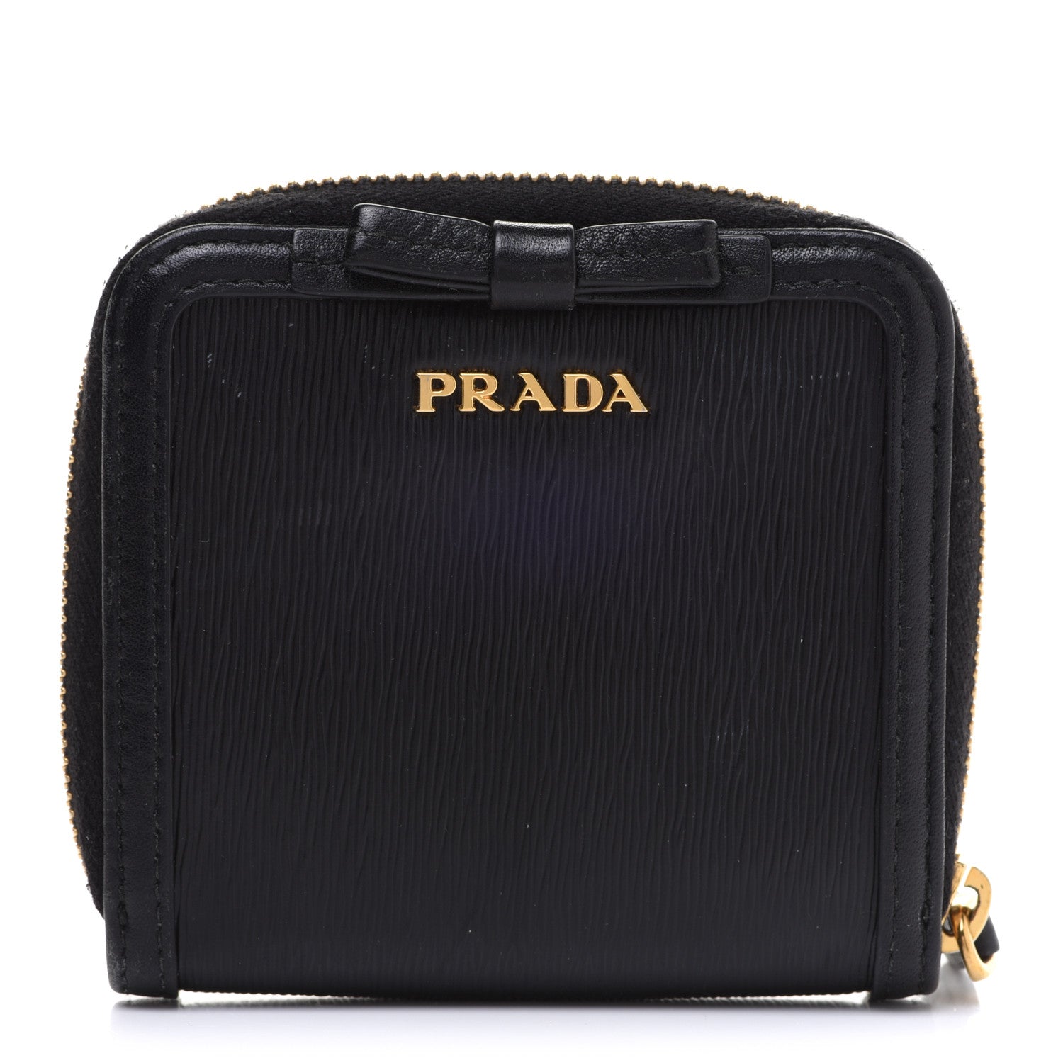 Prada Saffiano Compact Bow Zip Around Wallet Black 1 of 15