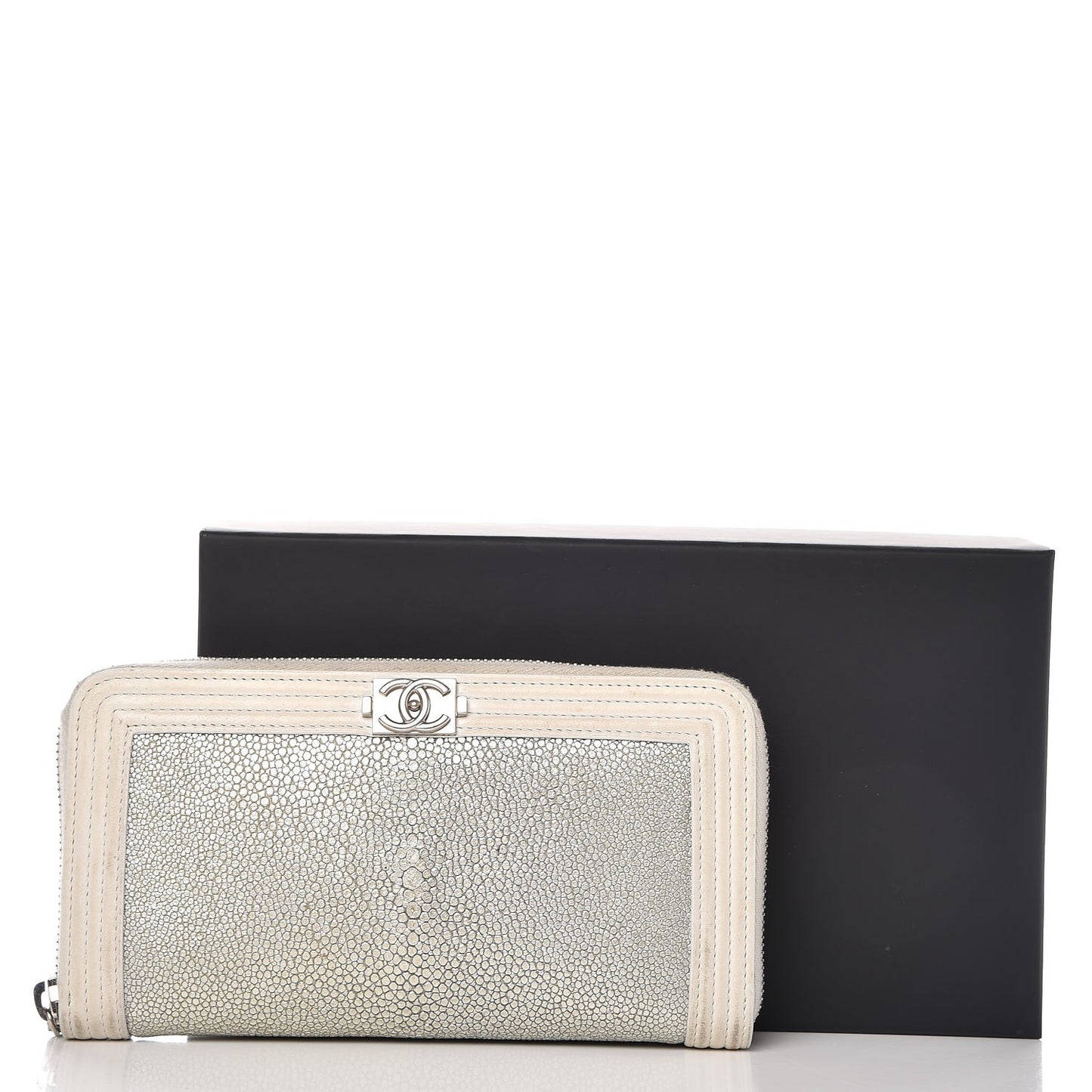 Metallic Galuchat Stingray Lambskin Boy Zip Around Wallet Silver