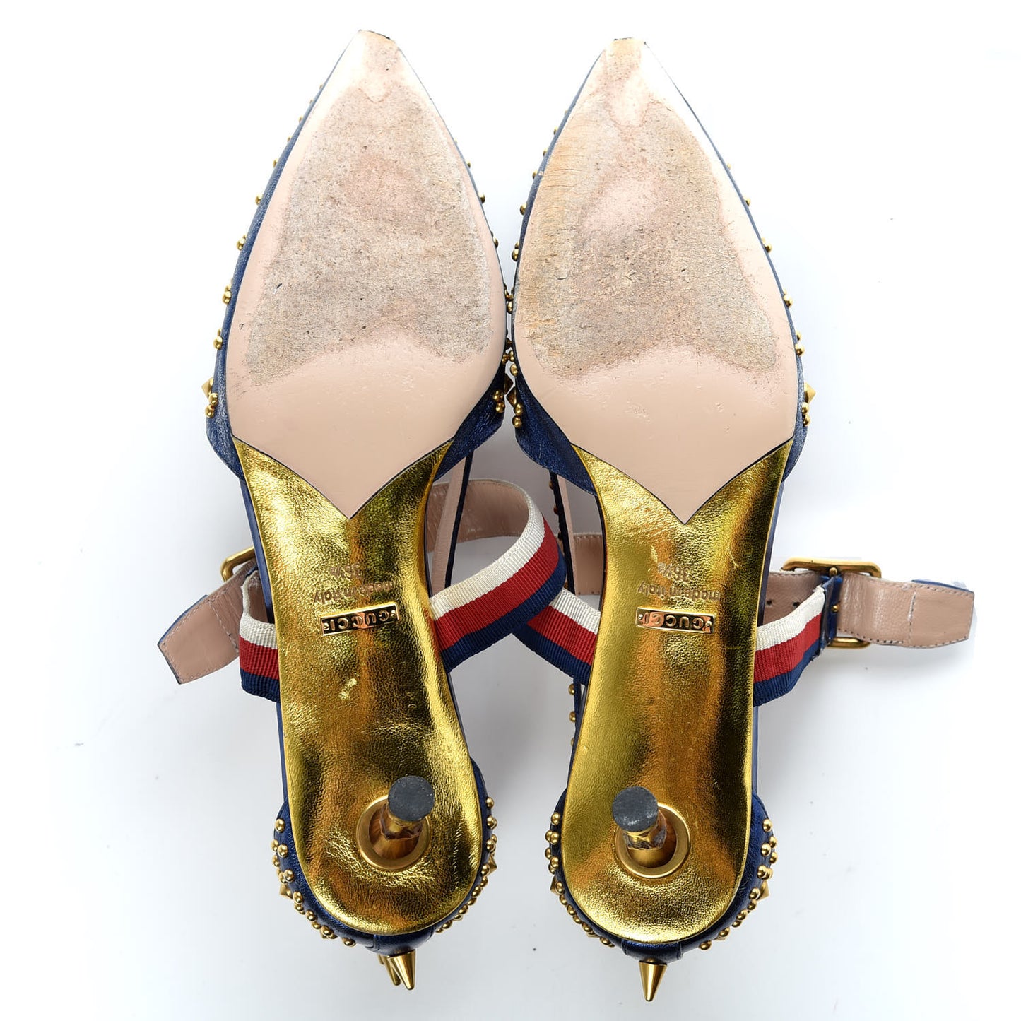 Metallic Nappa Silk Grosgrain Studded Sylvie Web Bamboo Low Heel Pumps 36.5 Sapphire