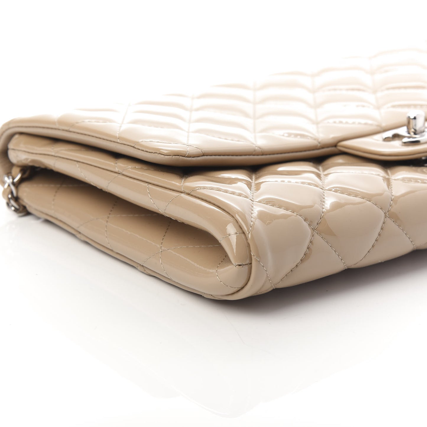Patent Quilted Clutch with Chain Flap Beige