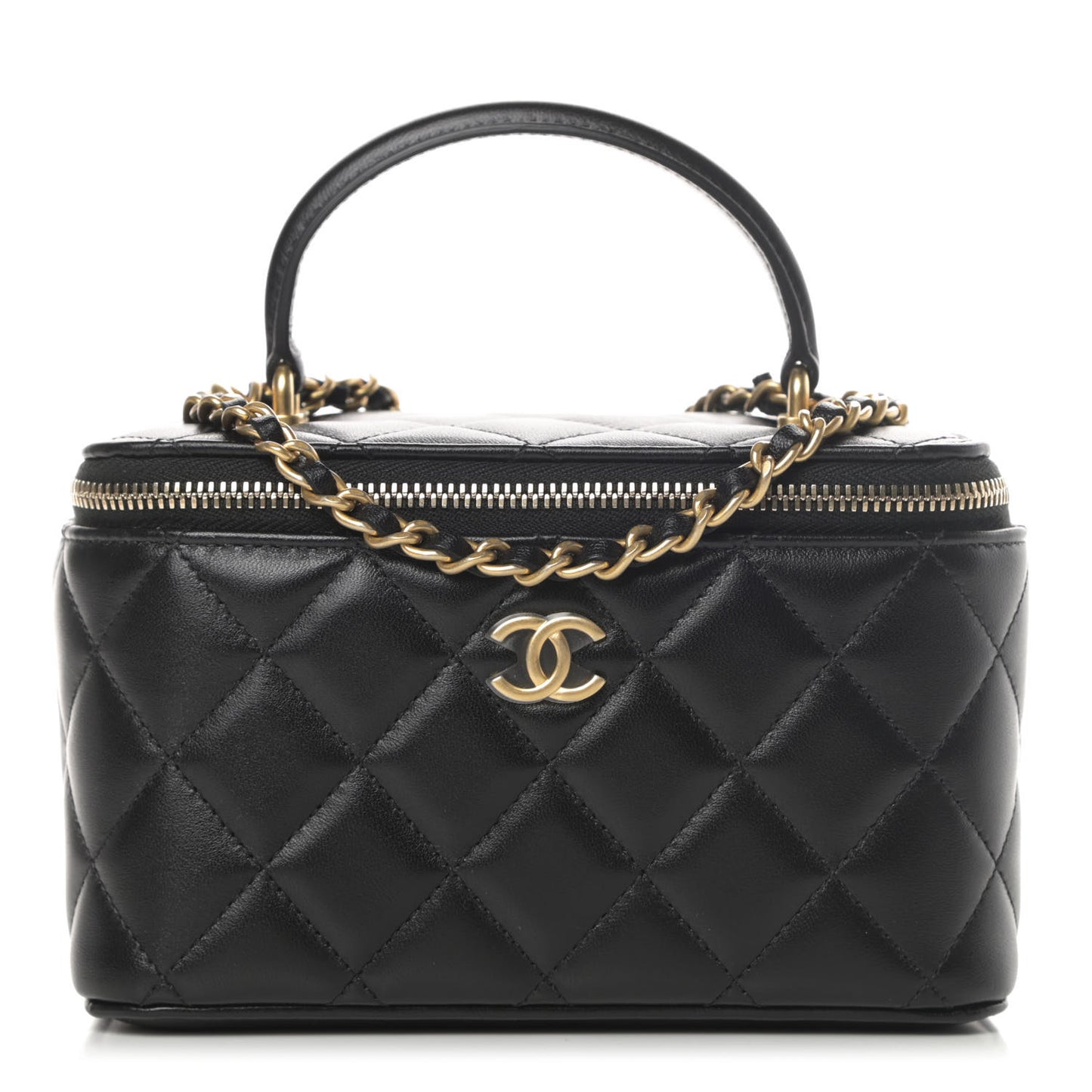 Lambskin Quilted Small Top Handle Vanity Case With Chain Black