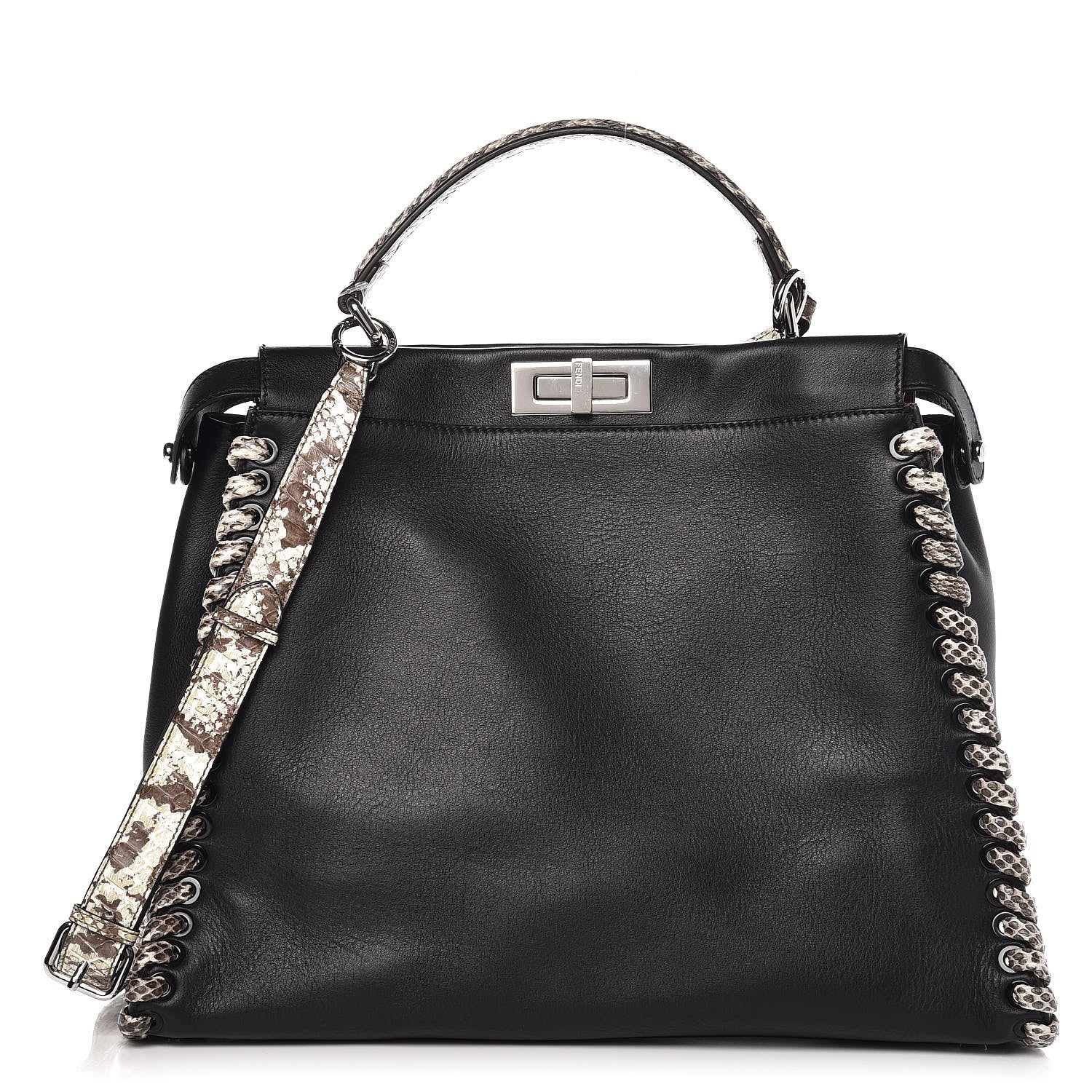 Fendi Calfskin Elaphe Lace Up Large Peekaboo Iconic Satchel Black 1 of 8