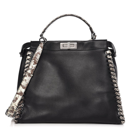 Fendi Calfskin Elaphe Lace Up Large Peekaboo Iconic Satchel Black 1 of 8