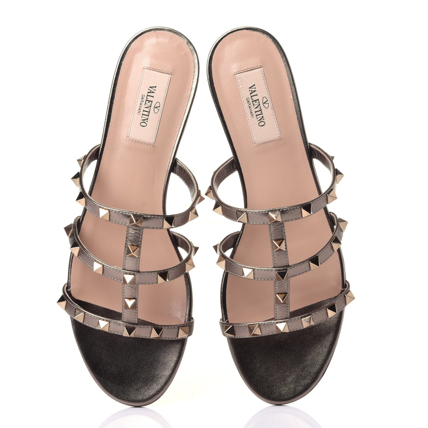 Valentino Garavani Metallic Nappa Rockstud Caged Flat Slide Sandals 38.5 Sasso 6 of 10