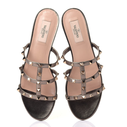 Valentino Garavani Metallic Nappa Rockstud Caged Flat Slide Sandals 38.5 Sasso 6 of 10