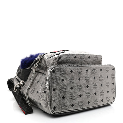 MCM Metallic Visetos Medium Fox Fur Insignia Side Stud Stark Backpack Silver Black 4 of 11