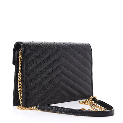 Saint Laurent Grain De Poudre Matelasse Chevron Monogram Envelope Chain Wallet Black 3 of 8