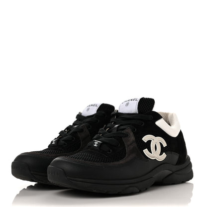 Chanel Mesh Suede Grained Calfskin Womens CC Sneakers 40 Black White 3 of 9