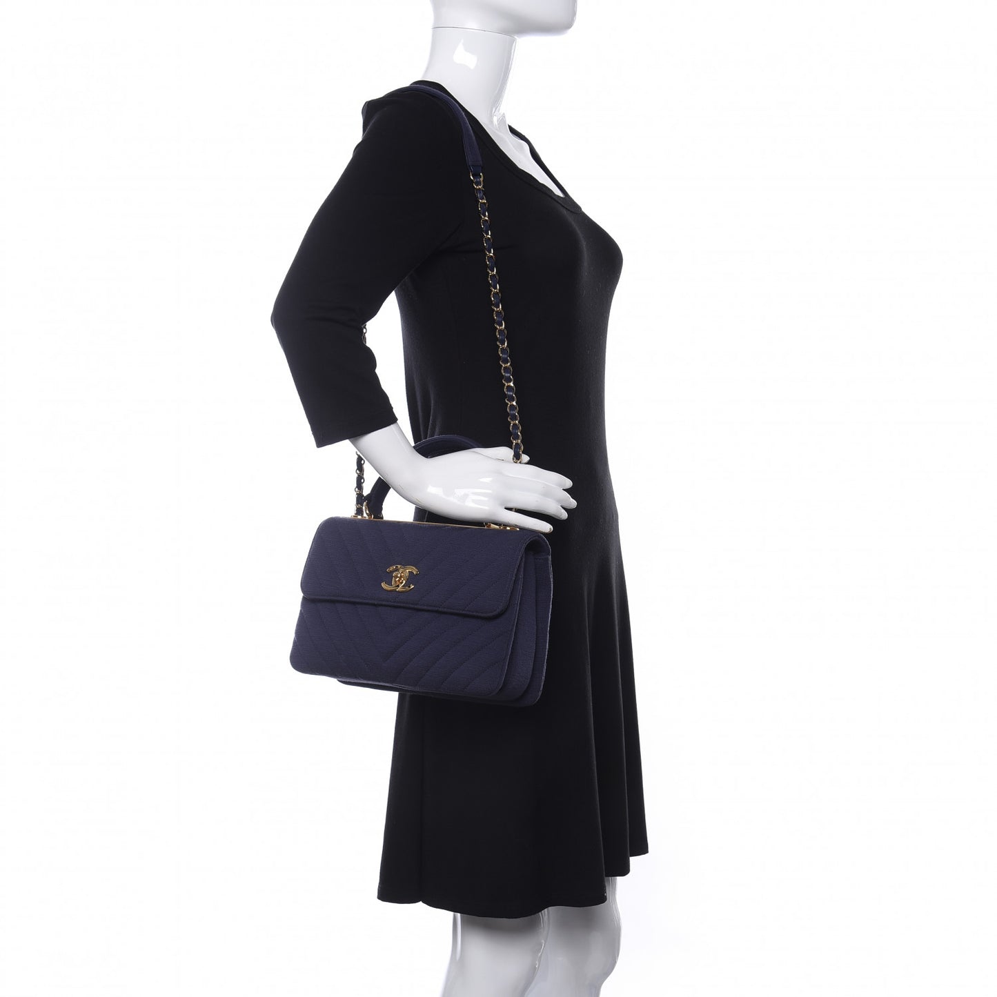 Jersey Chevron Quilted Small Trendy CC Dual Handle Flap Bag Navy Blue