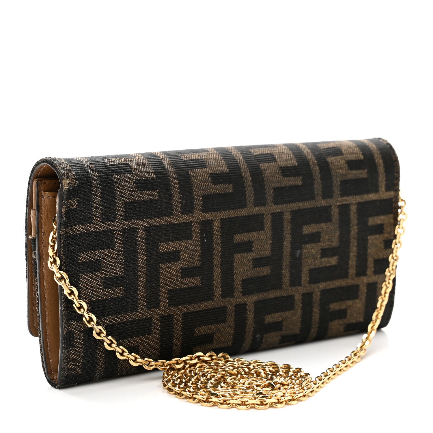 Fendi Fabric Jacquard FF 1974 Continental Wallet On Chain Tobacco Moro 3 of 11