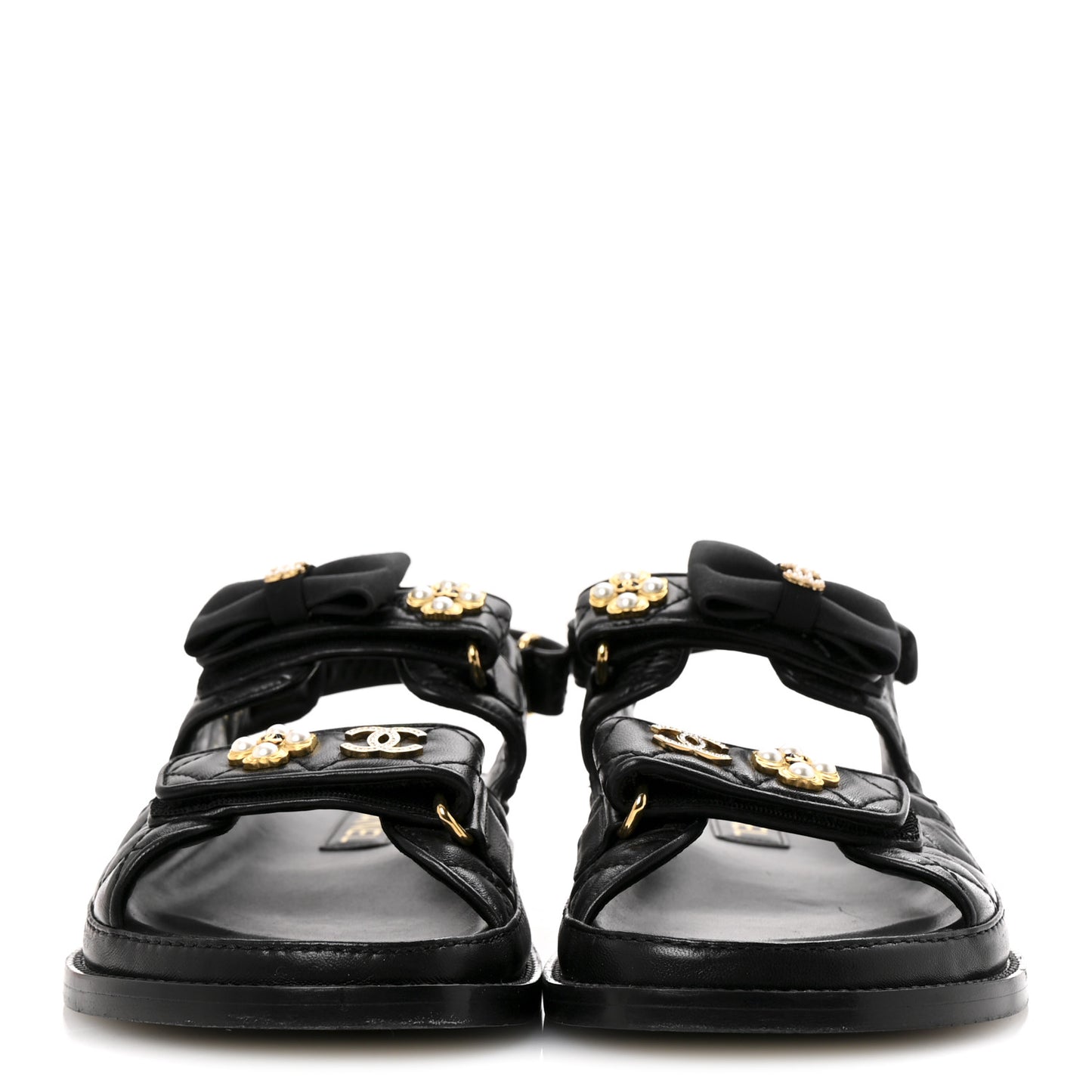 Lambskin Velcro CC Pearl Bow Dad Sandals 38 Black