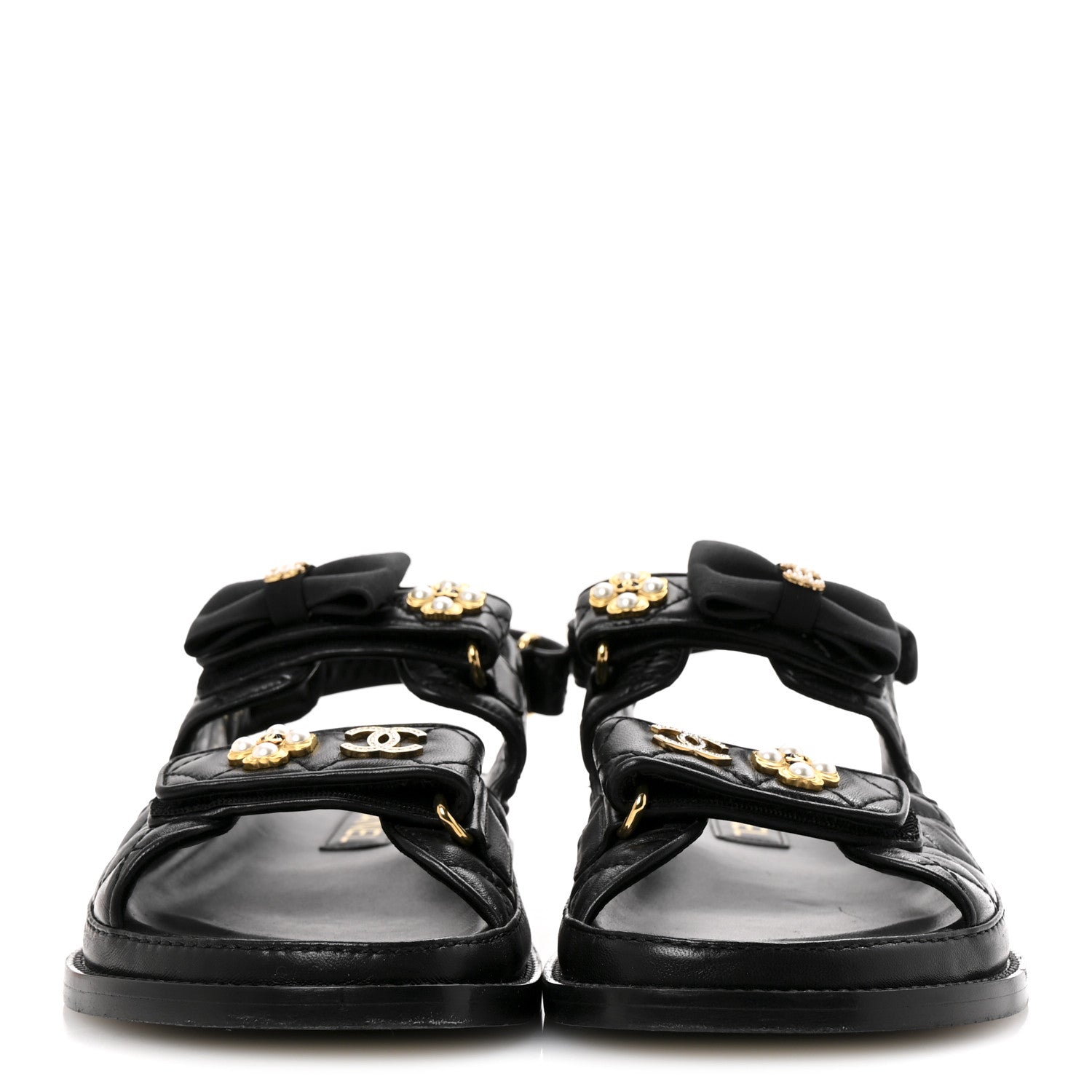 Chanel Lambskin Velcro CC Pearl Bow Dad Sandals 38 Black 3 of 10