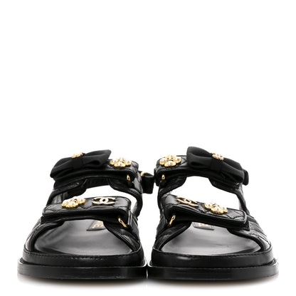 Chanel Lambskin Velcro CC Pearl Bow Dad Sandals 38 Black 3 of 10